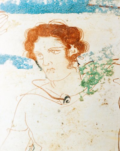 Cerâmica de terra branca, sótão lekythos retratando cena funerária com guerreiro antes do túmulo, detalhe de Greek School