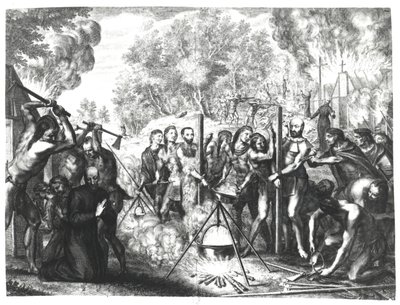 A morte de alguns padres jesuítas em Nouvelle-France, de "Historiae Canadensis" de François Ducreux, publicada em 1664 de Gregoire Huret
