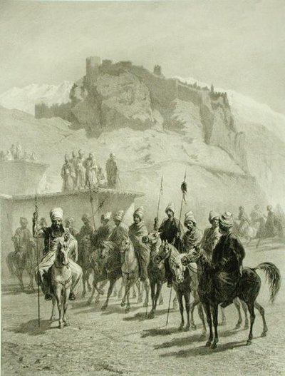 Castelo de Atskhour, Akhaltsik, placa 10 de um livro sobre o Cáucaso, gravado por Adolphe Mouilleron (1820-81) publicado por Alfred Leon Lemercier, Paris de Grigori Grigorevich (after) Gagarin