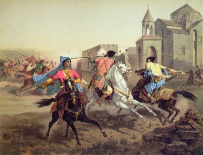 Skirmish of Persians and Kurds in Armenia, impresso por Alfred Leon Lemercier, Paris, c.1850-60 (cor litho) de Grigori Grigorevich (after) Gagarin