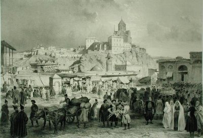 The Bazaar in Maidan Square, Tiflis, Georgia, placa 25 de um livro sobre o Cáucaso, gravado por Adolphe Jean-Baptiste Bayot (1810-66) e Eugene Ciceri (1813-90), publicado por Alfred Leon Lemercier, Paris de Grigori Grigorevich (after) Gagarin