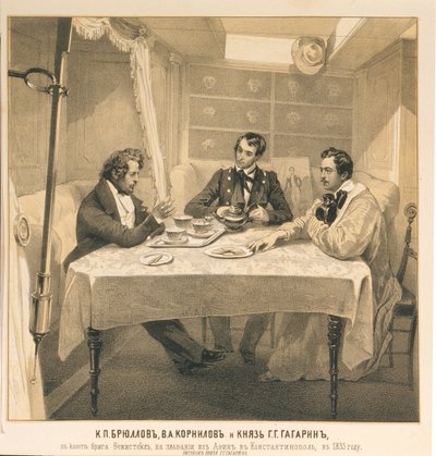 Karl Bryullov, Vladimir Kornilov e Conde Grigori Gagarin a bordo da briga Temístocles, 1835 de Grigori Grigorevich Gagarin