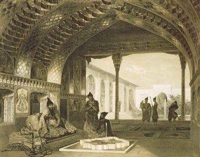 O Salão dos Espelhos no Palácio do Sardar de Yerevan, Armênia, prato 17 de um livro sobre o Cáucaso, gravado por Charles Claude Bachelier e Celestin Francois Nanteuil (1813-73) pub. de Alfred de Grigori Grigorevich Gagarin