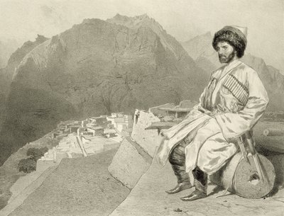 Vista de Ghimri e Retrato de Hadji-Mourad, prato 66 de um livro sobre o Cáucaso, gravado por Jules Joseph Augustin Laurens (1825-1901) e Eugene Ciceri (1813-90) por Adolphe Mouilleron (1820-1881), pu de Grigori Grigorevich Gagarin