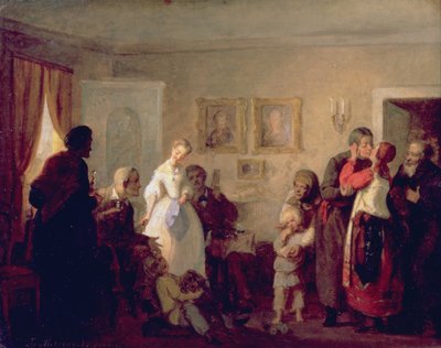 Parabenizando os recém-casados em uma mansão, 1860 de Grigori Grigorievich Mjasoedov