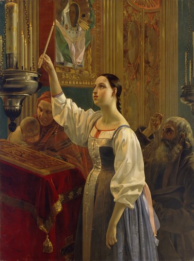 Uma menina colocou uma vela diante do ícone, 1842 de Grigori Karpovich Mikhaylov