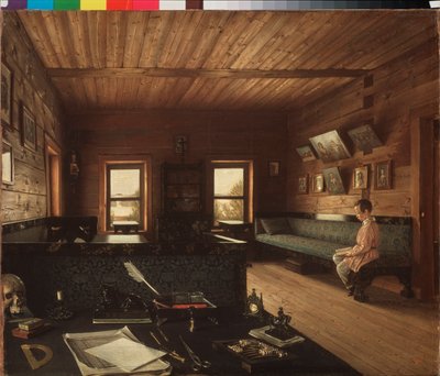 Sala de estudo de uma casa senhorial em Ostrovsky (Rússia) - Sala de estudo de uma casa senhorial em Ostrovki - Pintura de Grigori Vasilyevich Soroka (1823-1863), óleo sobre tela de Grigori Vasilievich Soroka