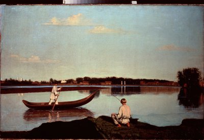 Um pescador de linha (E um jovem remador, de pé em um barco) - Um pescador - Pintura de Grigori Vasilyevich Soroka (1823-1863), óleo sobre tela, por volta de 1840 - arte russa de Grigori Vasilievich Soroka
