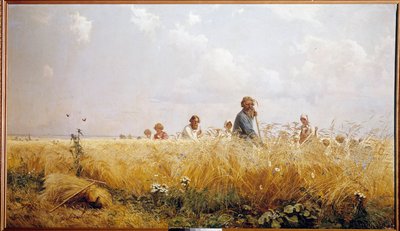 Colha camponeses russos ceifando os bles. Pintura de Grigori Miassoiedow (1835-1911) do século XIX Peterhof, Biblioteca do Chateau de Grigoriy Myasoyedov