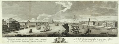 Vista do rio Neva a jusante entre o Palácio de Inverno e o Livro da Academia de Ciências para o 50º aniversário de São Petersburgo, 1753 de Grigory Anikeevich Kachalov