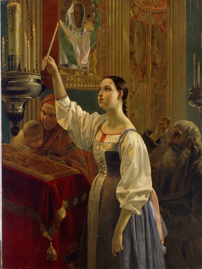 Menina a colocar uma vela antes do Ícone. Numa igreja ortodoxa, na quinta-feira santa da semana da Páscoa. Pintura de Grigori Karpovich Mikhaylov (Mikhailov) (1814-1867), óleo sobre tela de Grigory Mikhailov