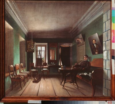 Interior da Casa de Bykov - Pintura de Grigori Vasilyevich Yurov (?- após 1896), óleo sobre tela, ca. 1850, arte russa de Grigory Vasilievich Yurov