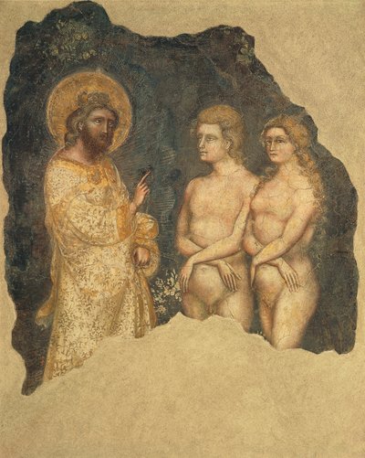 Adão e Eva antes do Eterno, por Guariento (ativo desde 1338, morreu por volta de 1367), afresco, Capela Carrarese, Academia Galileana de Artes e Ciências, anteriormente Patavina, Pádua, Itália, por volta de 1350 de Guariento di Arpo