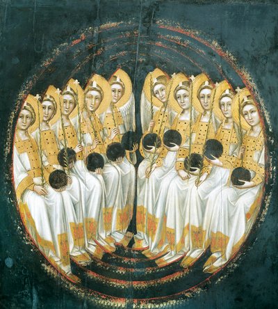 Anjos sentados com orbes nas mãos, por Guariento (ativo 1338-1367 ou 1370), tempera no painel de Guariento di Arpo