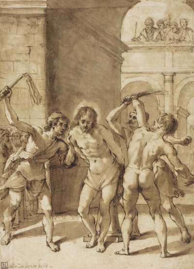 Flagelação de Cristo (caneta e tinta castanha, com pincel e lavagem castanha e vestígios de grafite, sobre papel de cenário creme, sobre papel de cenário creme) de Guercino (1591-1666) (school of)