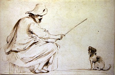 Um homem sentado a treinar um cão (caneta e tinta castanha e lavagem em papel) de Guercino