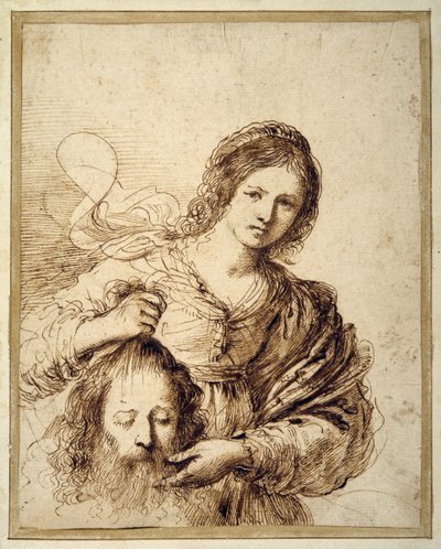 Judith com a cabeça de Holofernes (caneta e tinta castanha sobre papel creme) de Guercino (1591 1666)