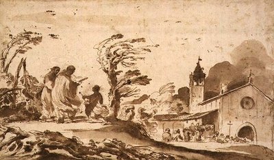 PD.1-1987 Paisagem com Procissão Funerária (tinta e lavagem) de Guercino