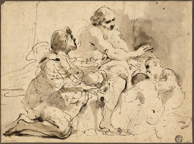 Estudo para Jacob abençoando os filhos de José, c.1620 (caneta e tinta castanha com pincel, lavagem cinzenta e castanha) de Guercino (1591 1666)