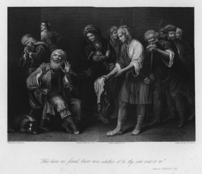 Jacob enganado pelo casaco ensanguentado, Génesis XXXVII, 32 (gravura) de Guercino
