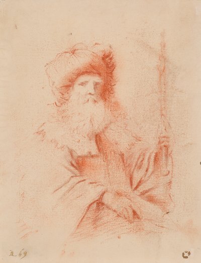 Esboço de homem barbudo de turbante (giz vermelho no papel) de Guercino