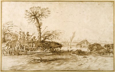 Um rio em cheia, e camponeses com machados e outras ferramentas (caneta e tinta sobre giz sobre papel) de Guercino