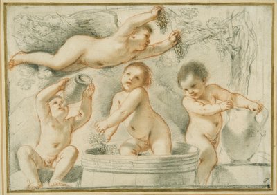 Alegoria da produção de vinho (gizes vermelhas e pretas com tinta sobre papel) de Guercino