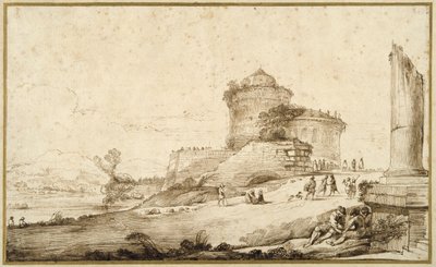 Paisagem com uma coluna partida, um castelo e numerosas figuras em primeiro plano à direita (caneta e tinta sobre papel) de Guercino