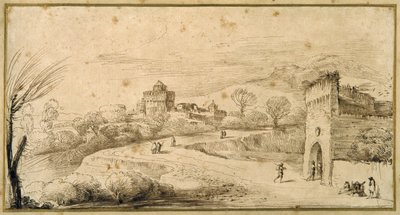 Paisagem com um portão com crenelado e uma estrada sinuosa (caneta e tinta sobre papel) de Guercino