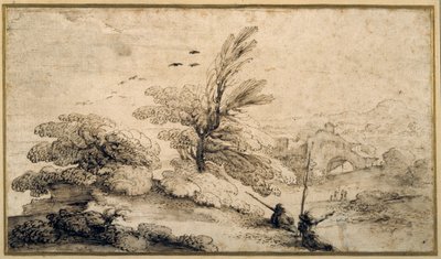 Paisagem com dois pescadores descansando (caneta e tinta sobre papel) de Guercino