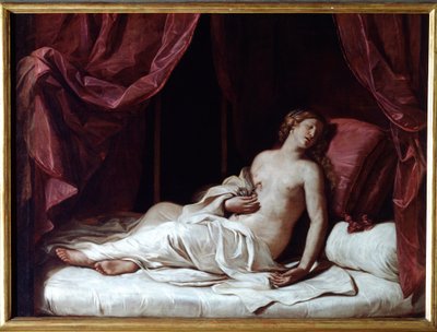 A Morte da Rainha Cleópatra O Suicídio de Cleópatra VII Thea Philopator (69-30 AC), Rainha do Antigo Egipto - (A morte da rainha Cleópatra) Pintura de Guercino (Giovan Francesco Barbieri) (Guerchin) (1591-1666) 1648 Dim 173x237 cm Genes, Musei di Strada de Guercino
