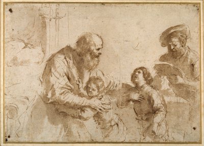 Dois rapazes confortados por um ancião barbudo, enquanto outro homem de meia-idade lê um livro (caneta e tinta sobre giz, com lavagem sobre papel) de Guercino