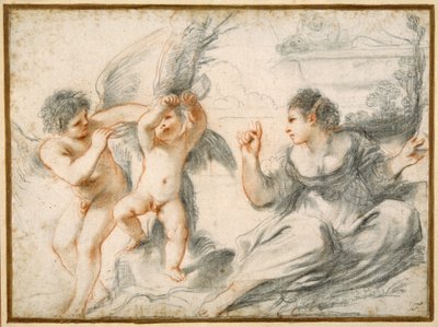 Vênus repreendendo Cupido, enquanto um cupido mais velho o prende a uma árvore (gizes pretos e vermelhos sobre papel) de Guercino