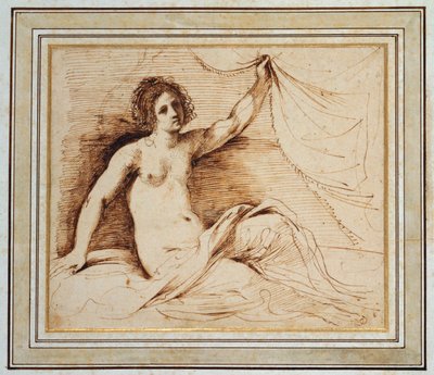 Uma mulher nua reclinada levantando uma cortina de Guercino
