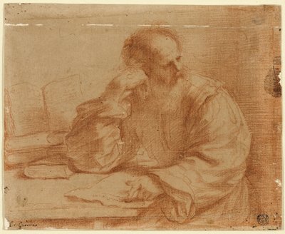Homem barbudo sentado à mesa de Guercino