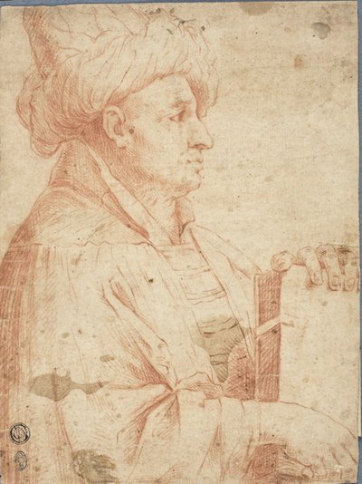 Busto de homem de turbante com um livro de Guercino