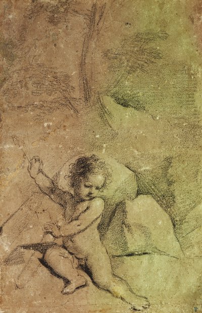 Cupido desenhando uma flecha de uma aljava, em uma paisagem, de Guercino