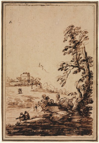 Paisagem com pequeno grupo de edifícios, segundo semestre de 1700. de Guercino