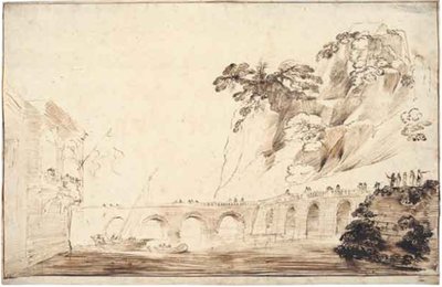 Paisagem com um rio atravessado por uma ponte, ladeado de espectadores, levando a um edifício com uma varanda suspensa com um grupo de espectadores de Guercino