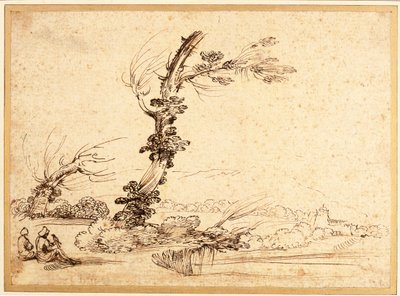 Paisagem com falcoeiros por uma árvore de Guercino