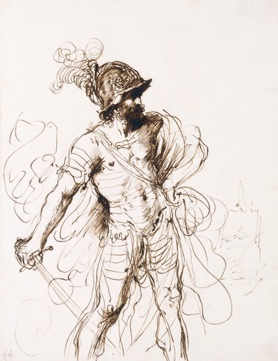 Marte, sua espada desembainhada, virou-se para a direita, de Guercino