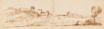 Paisagem panorâmica com um rio de Guercino