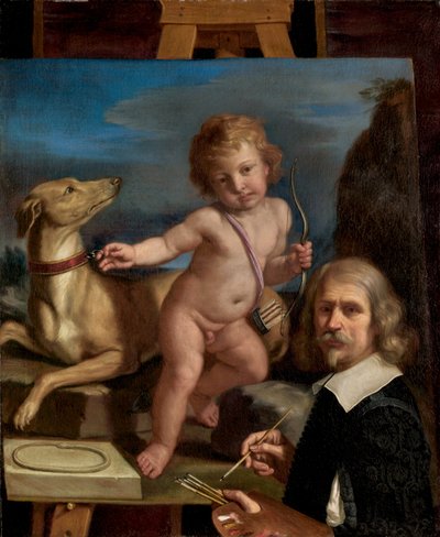 Auto-retrato diante de uma pintura de Amor Fedele, 1655. de Guercino