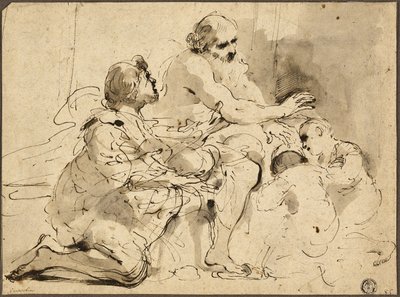 Estudo para Jacó Abençoando os Filhos de José (reto); Esboços: São Cristóvão; Duas figuras em conversa sobre dinheiro (verso) de Guercino