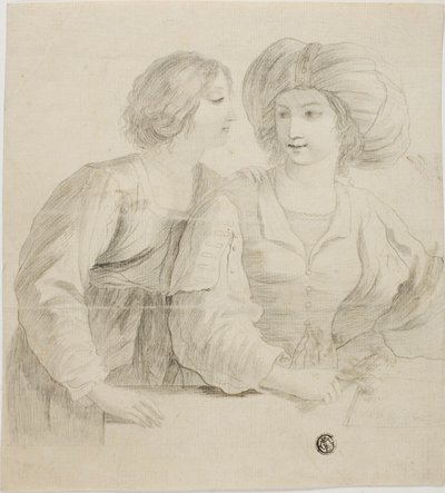 Duas moças, uma usando turbante, conversando de Guercino