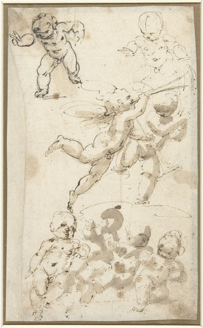 Putti e um anjo flutuante de Guglielmo Caccia