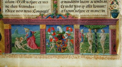 A criação e a tentação de Adão e Eva com o brasão de armas da Casa de Este, da Bíblia de Chartreux de Guglielmo Giraldi