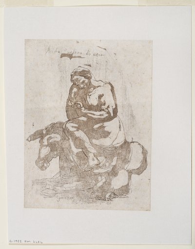 Acidia vestita di nero - Preguiça sentada num burro, c.1793 (impressão a preto e água-tinta) de Guido (after) Reni
