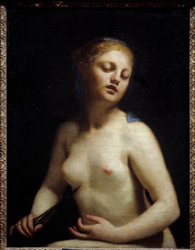 Lucrece morreu Lucrece (Lucrezia, Lucretia, senhora romana) foi vítima de violência por seu primo Sextus Tarquin, o filho de Tarquin, o Soberbo. Lucrece mandou chamar seu pai e seu marido (Collatinus) e chegou com Lucius Junius Brutus, o primo de Lucius T de Guido Cagnacci