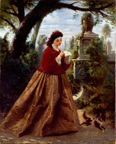 A carta Jovem mulher lendo uma carta provavelmente de amor, em uma paisagem romântica. Pintura de Guido Gonin (1833-1906) 1868 Genes, Galleria d